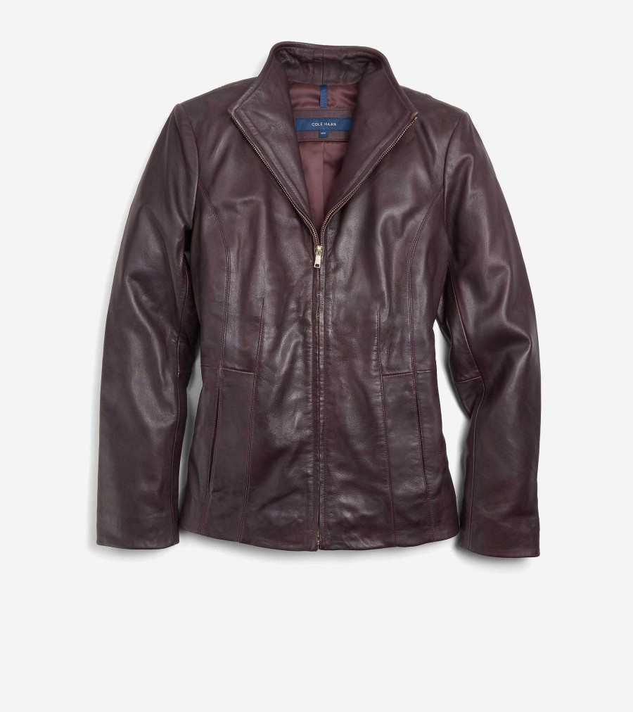 Women Cole Haan Jackets & Coats | Women'S Wing Collar Leather Jacket Chianti