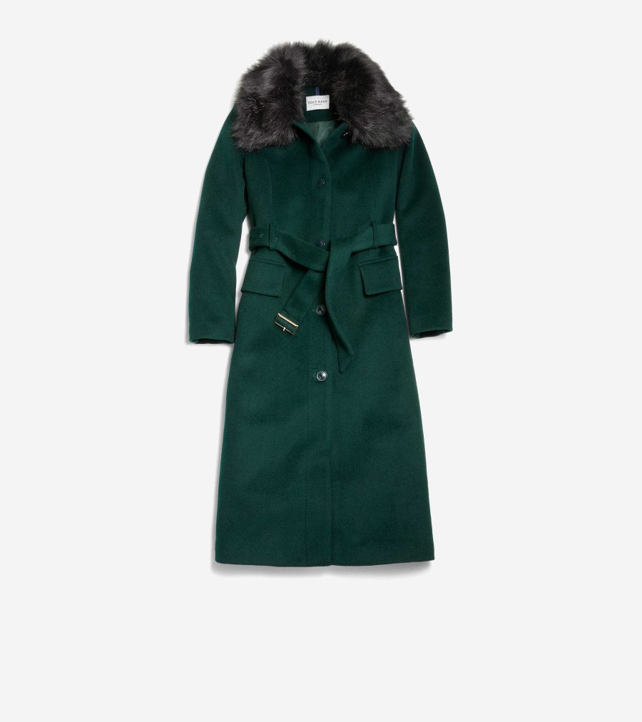 Women Cole Haan Jackets & Coats | Women'S Long Button Up Coat With Removable Collar Forest