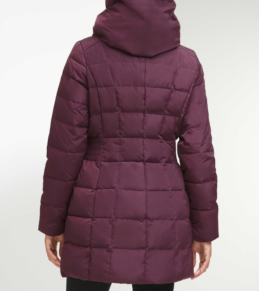 Women Cole Haan Jackets & Coats | Women'S 32" Signature Hooded Taffeta Down Coat Merlot