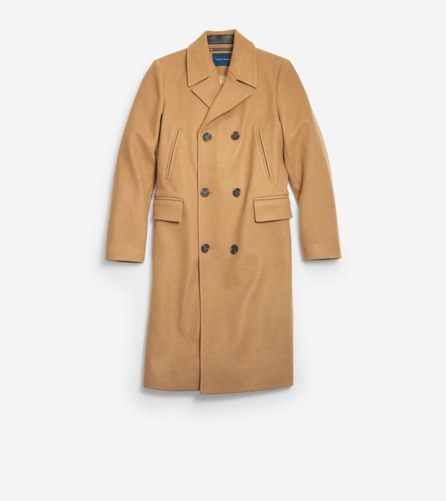 Men Cole Haan Coats & Jackets | Men'S Double Breasted Stretch Wool Coat Camel